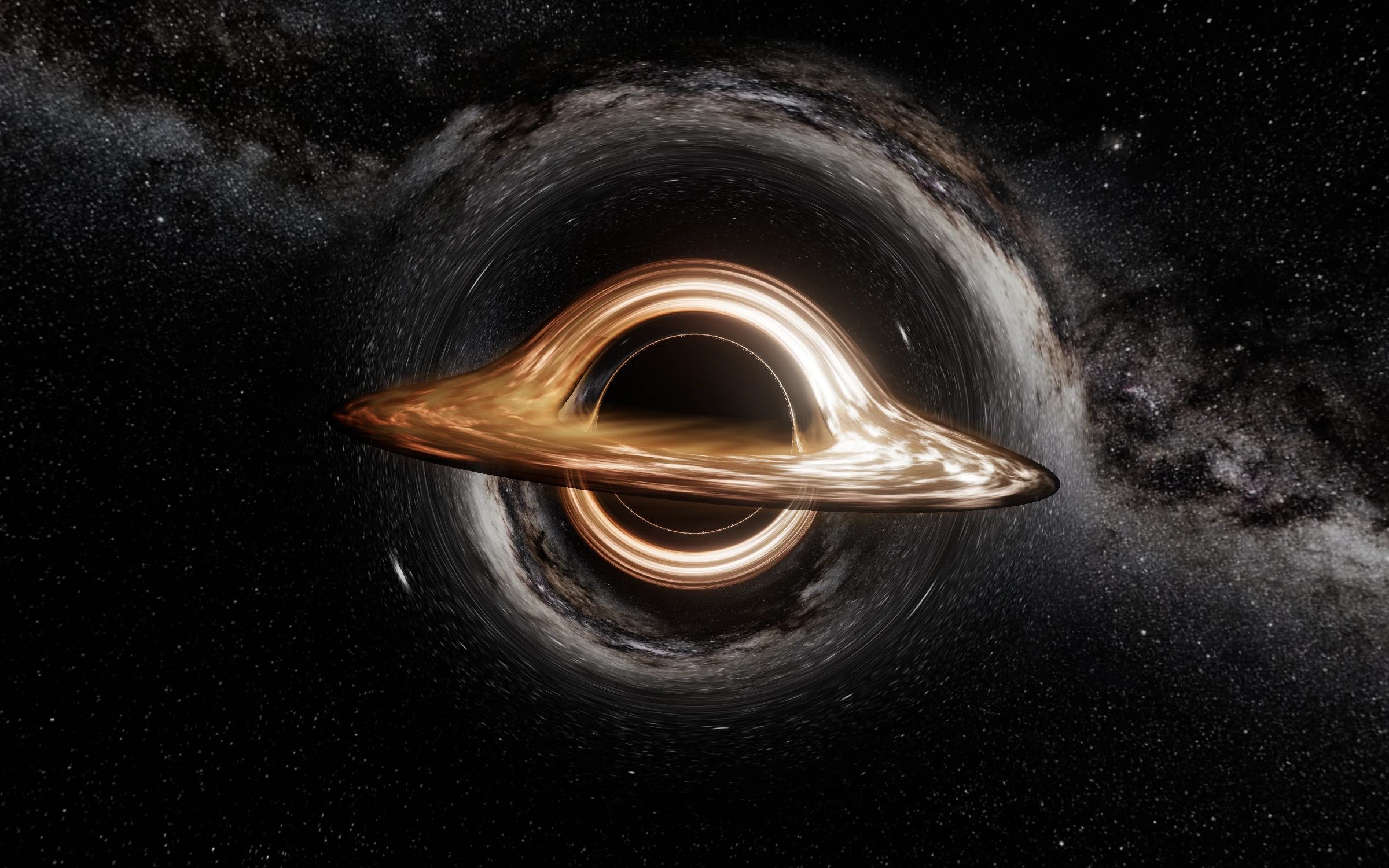 A luminous accretion disk bends around the dark center of a black hole in Interactiv’s original film.