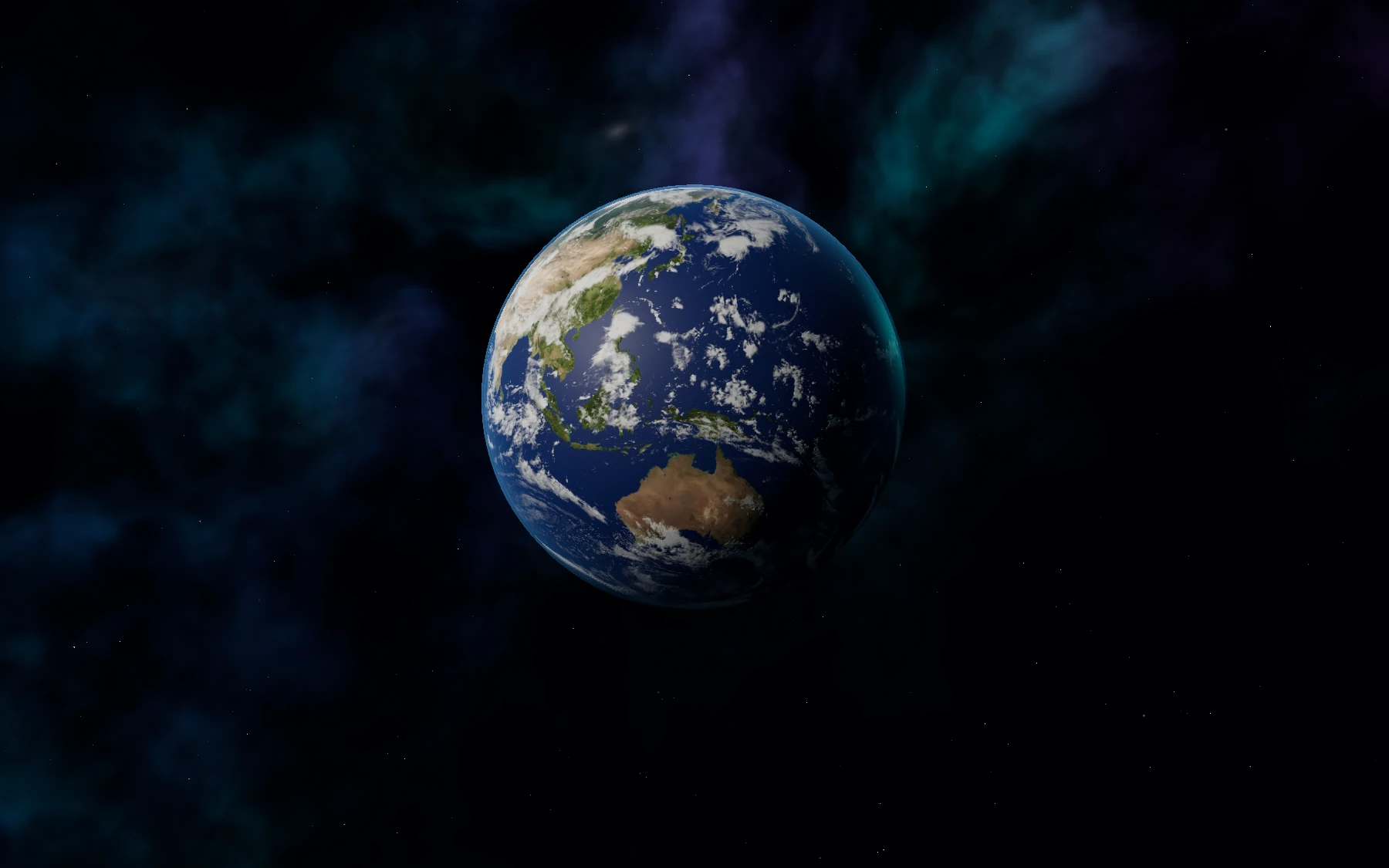 Photographic Earth against a deep blue and teal galaxy.