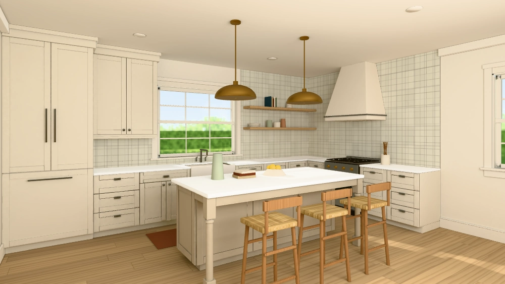 Classic kitchen sample captured from Top Tier Builders’ released 3D renderer; illustrative design, not completed building work.