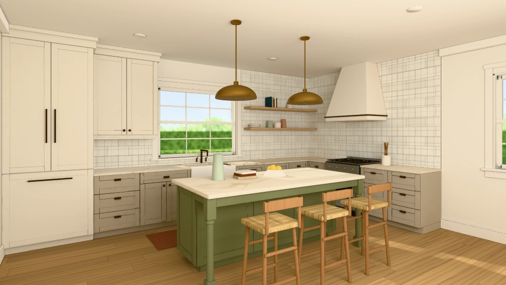 Classic sample kitchen in Woodstock Olive. Illustrative design, not a completed project. Captured from the released native 3D studio.