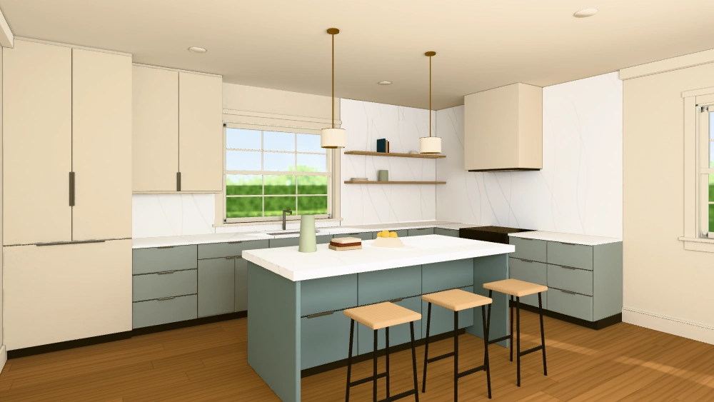 Modern sample kitchen with blue-grey cabinetry and slim pendants, captured from Top Tier Builders’ released 3D renderer.